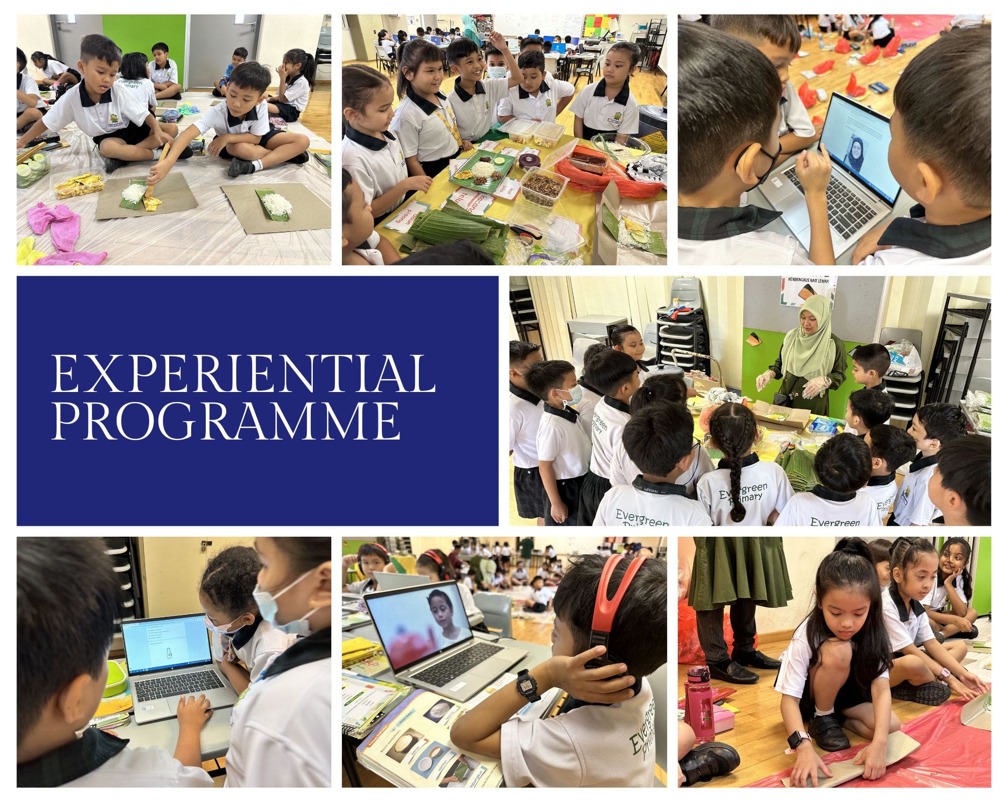 Evergreen Primary students participate in an experiential programme involving food preparation and laptop-based learning activities.